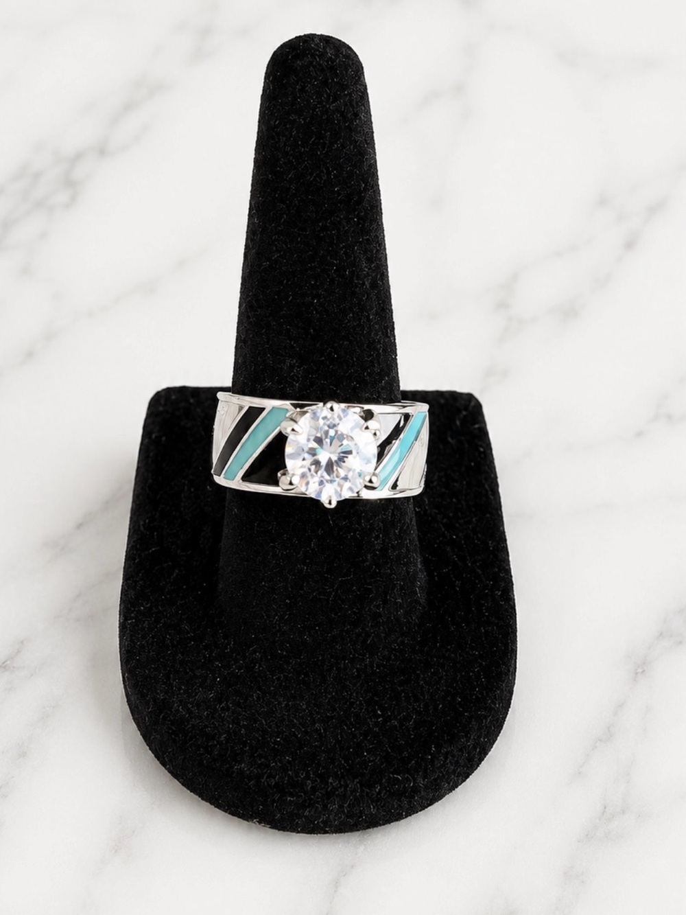 Turquoise Accent Ring with Clear Cubic Zirconia Center Stone-Silver Tone-Size 7